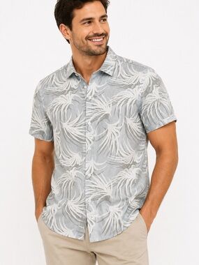 Linen blend Cotton Palm Leaf Print Express Short Sleeve Button Shirt XS